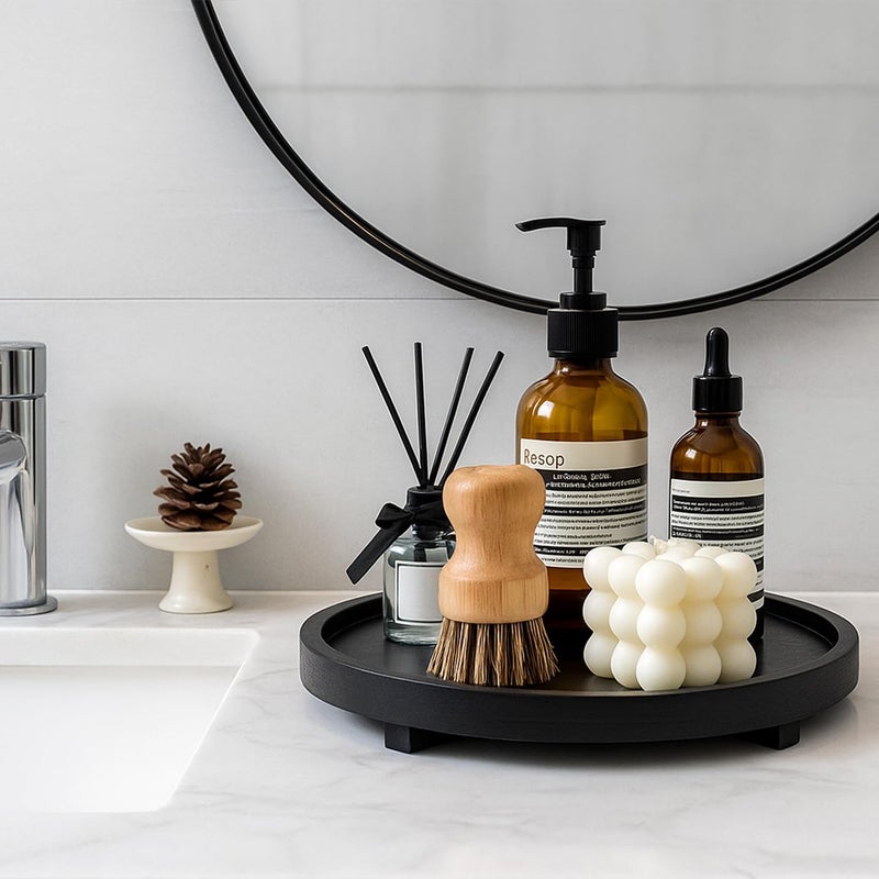 Renawe Black Decorative Wooden Tray for Kitchen Counter Bathroom Accessories Sink Vanity Trays Wood Riser Candle Pedestal Stand for Perfume Soap Trays Round Dining Coffee Table Small Rustic Home Decor Tray - Image 2